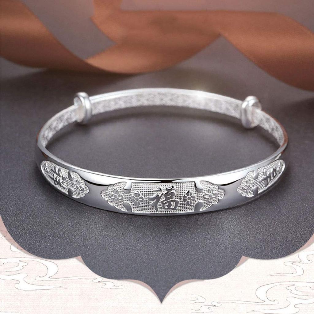 Surgical Stainless Steel Silver Beautiful Engraved with the Character Lucky Amulet Protection from Good Adjustable Ethnic Fashion Accessory Women's