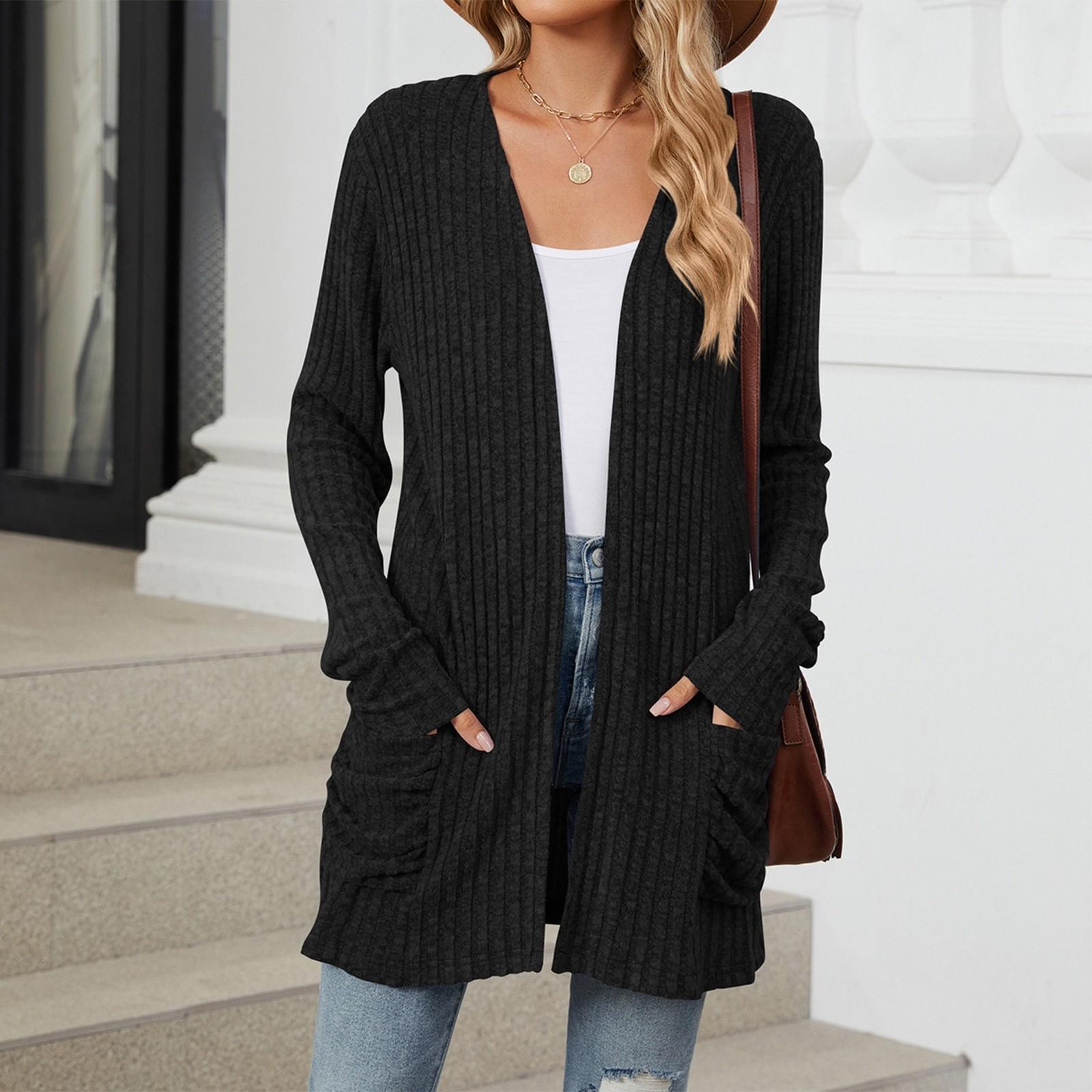 

Женская модная повседневная однотонная куртка-кардиган с карманами и длинными рукавами L чёрный