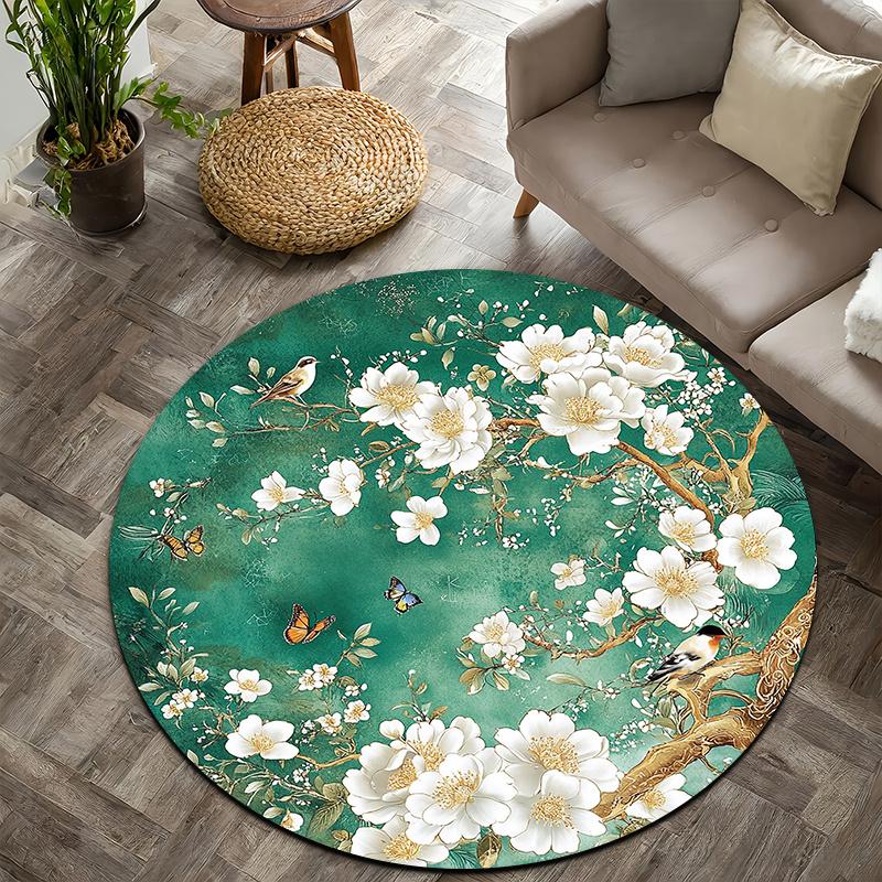 Graceful white flowers & birds Flannel-printed round floor mats are slip-resistant Suitable living room terrace garden carpets
