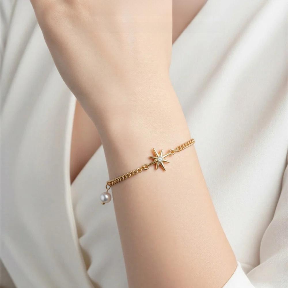 Non Tarnish Gold plate Bracelet Gold Plated Stackable for Women, Thin Herringbone Chain pearl star Jewelry Gift