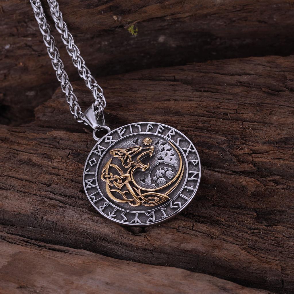 Stainless Steel Nordic Mythology Wolf Necklace Viking Vintage Rune Amulet for Men Women Pendant Jewelry Gift