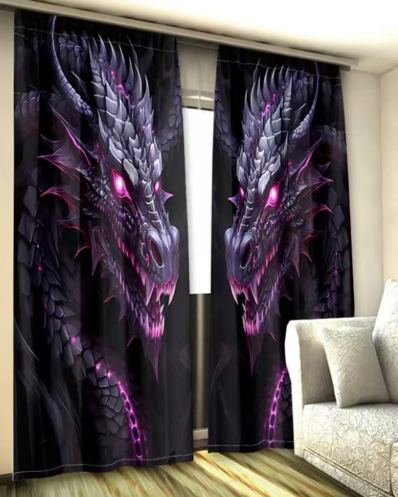 Set Of 2 Purple Light Black Dragon Design Polyester Curtains Home Decorations Made