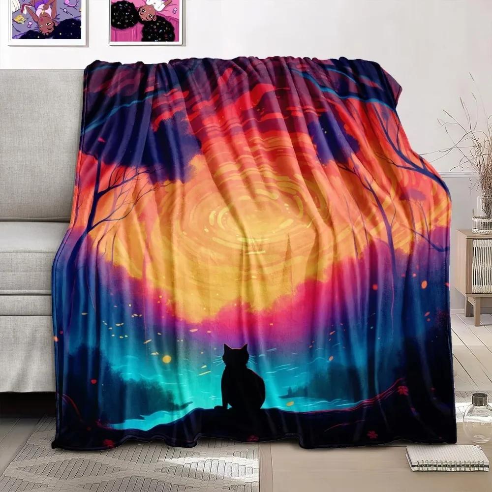 Cute Cat Print Throw Blanket – Purple for Girls, Women, Kids, Soft for Bed, Couch, Living Room, All-Season Use