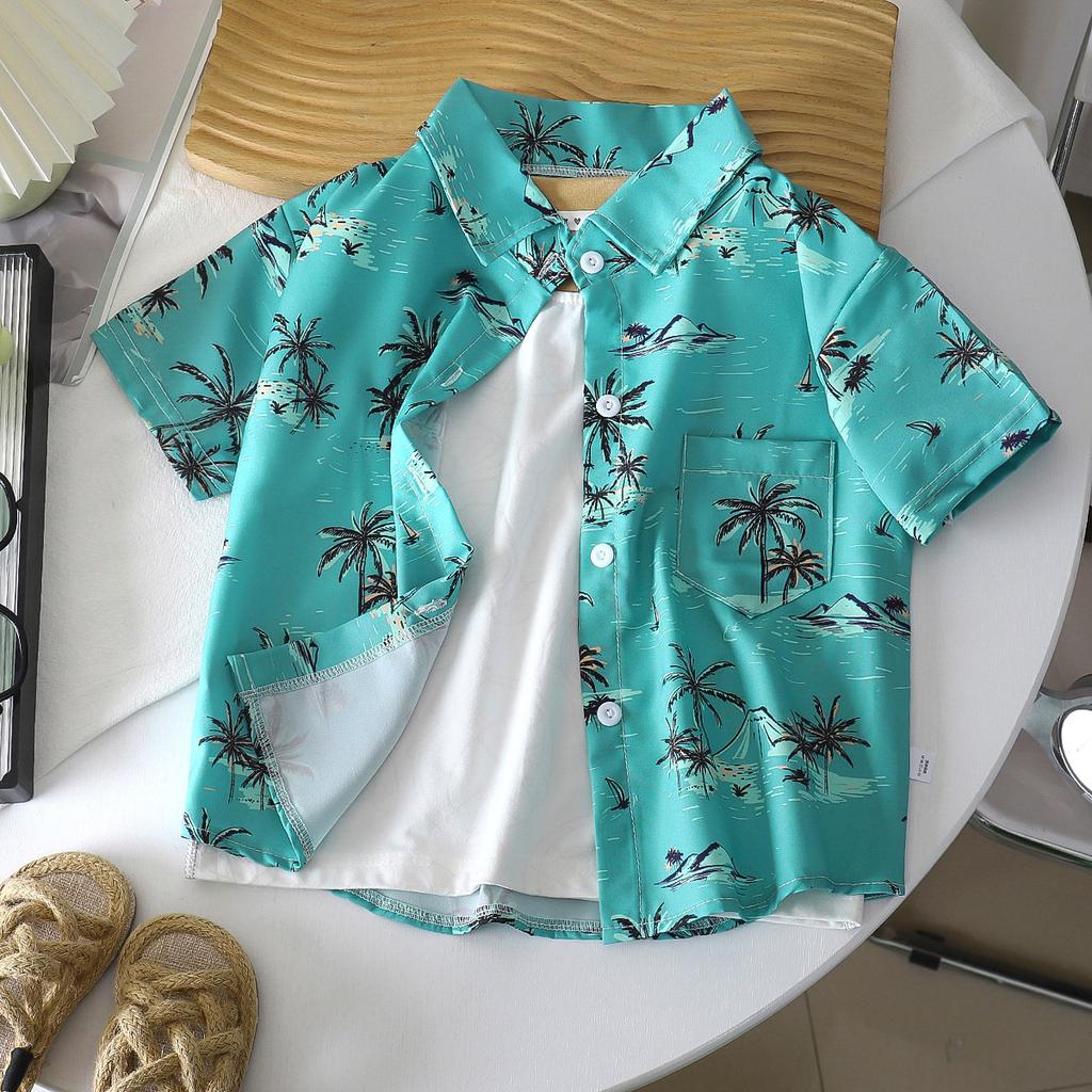 Boys' Beach Vacation Style Shirt - Summer Children's Stylish Loose Short-Sleeved Shirt