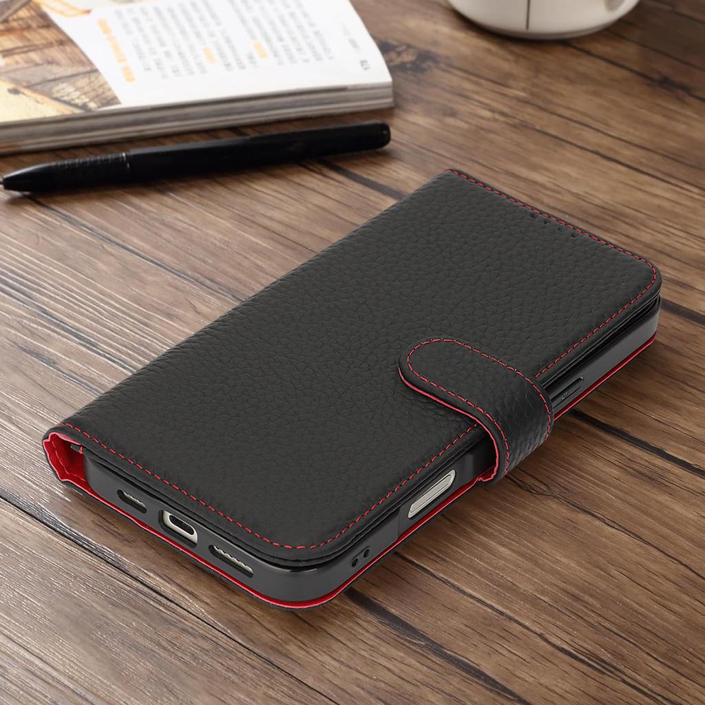 For iPhone 17 Pro Max Stand Case Litchi Texture Genuine Cow Leather Wallet Phone Cover RFID Blocking