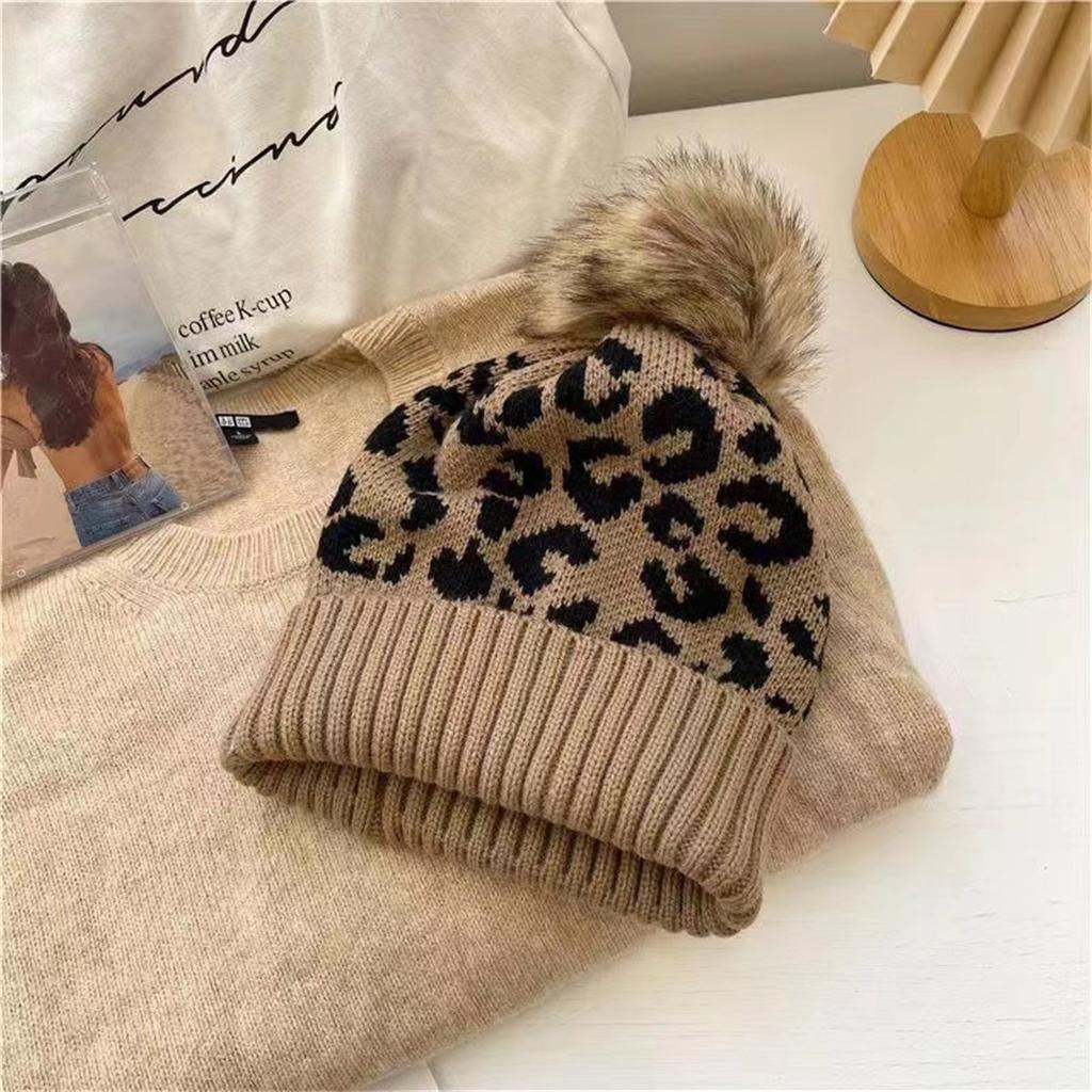 Fashionable leopard print curled fur ball knitted hat for women outdoor warm thickened autumn and winter ladies wool hat