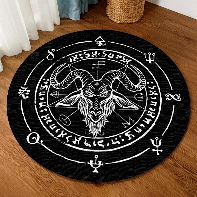 Cat Round Rug Satanic Cat Goat Impaled Throne Bedroom Area Atheist Household Bath Mat Black Carpet Living Room Home Decoration