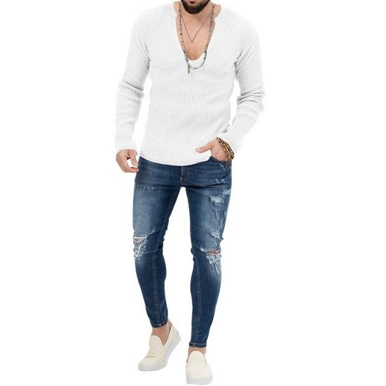 Men Fall Winter Sweater V Neck Slim Fit Long Sleeve Elastic Knitted