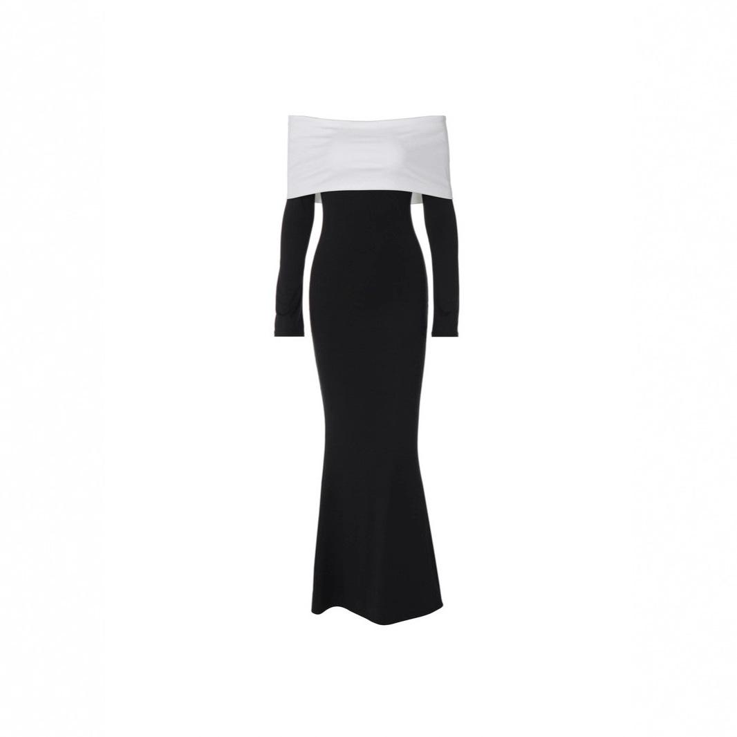 

Women Evening Party Long Sleeve Flat Shoulder Black White Bodycon Fishtail Dress L