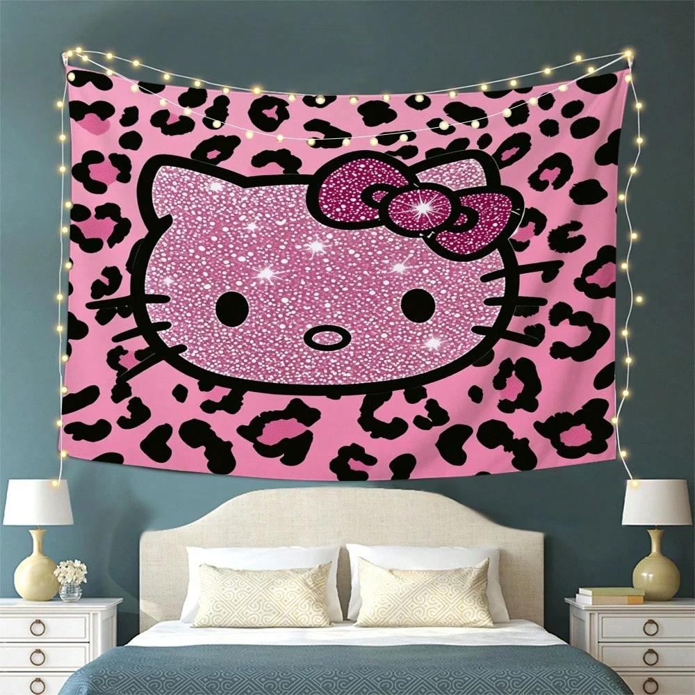1pc Glitter Leopard Print Hello Kitty Tapestry 2D Polyester Wall Hanging Cute Pink Kawaii Decor for Bedroom Living Room Per