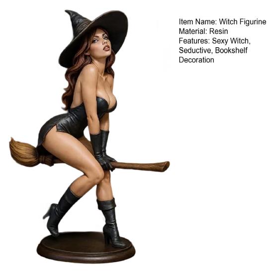 Sexy Witch Bookshelf Figurine Hand-Painted Resin Gothic Dark Fairy Witch Riding on Magic Broom Seductive Sorcery Witch Statue for Home Decor