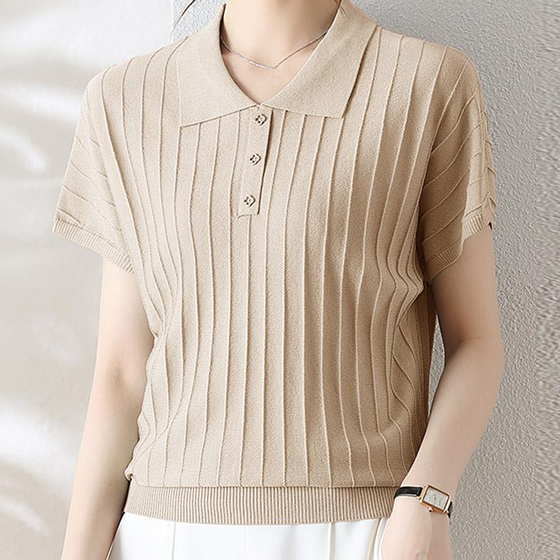 

Женские свитера, пуловеры 2025 Лето Короткий рукав Отложной воротник Повседневный вязаный свитер Женские топы Пуловер JJ291 One Size абрикосовый