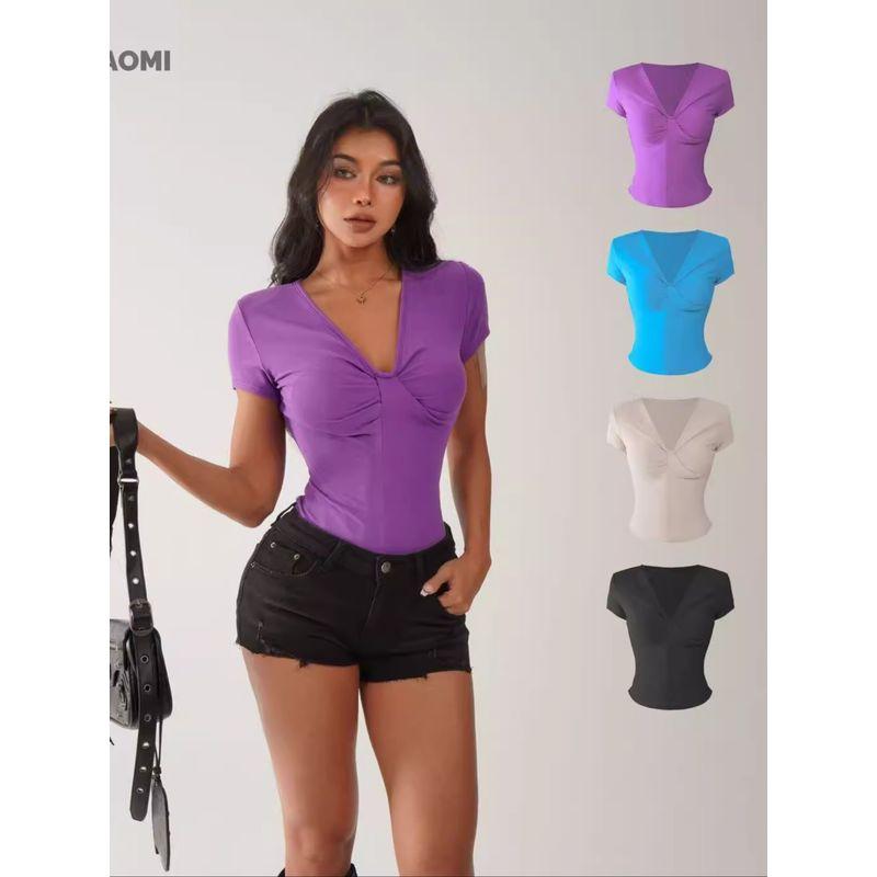 

[Mi Mijia] Смотря на Радугу Европейский и Американский Гяру Похудение Сексуальный Облегающий Однотонный Летний Топ 25/Z518 Florida Blue L(120-135)