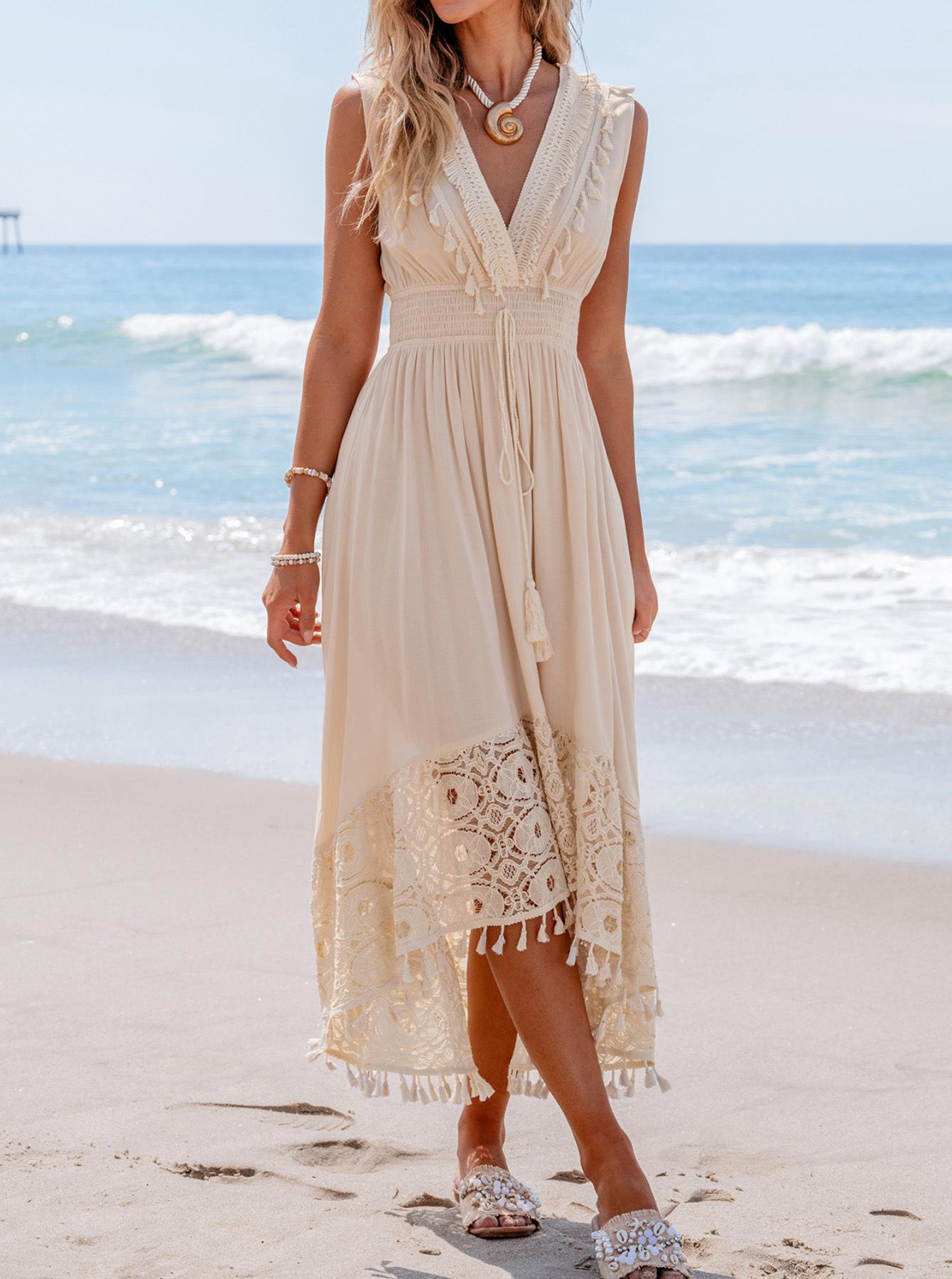 European and American women s clothing new women s waist fringed lace splicing long sleeveless dress S