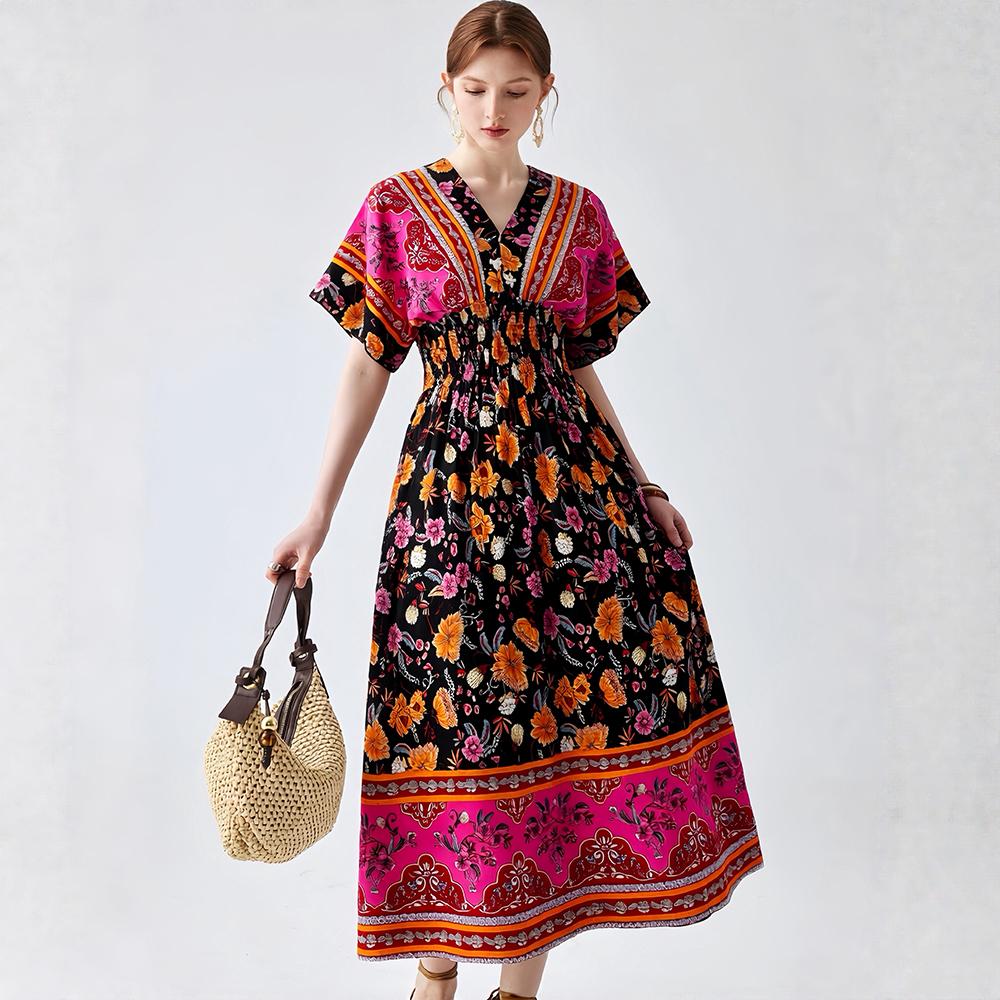 Bohemian-Style Cotton-Silk V-Neck Batwing Print Dress Summer Casual Vacation Beach Dress