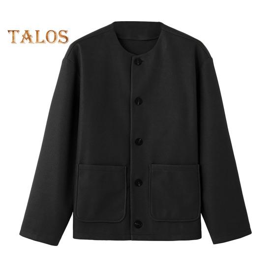 Men Woolen Coat Round Neck Long Sleeve Single Breasted Regular Fit Solid Color Jacket with Pockets Winter Overcoat