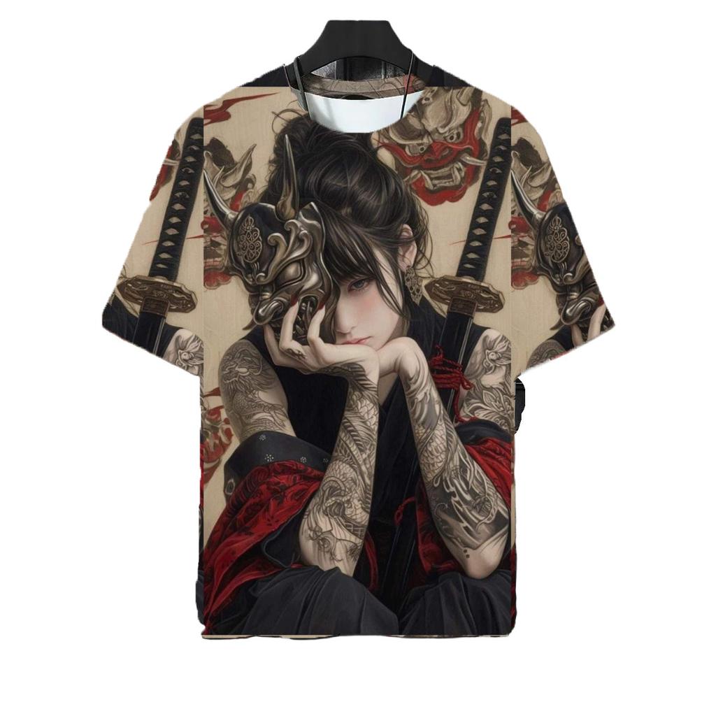 Japanese Style Samurai Katana Girl Tattoo T-shirts 3D Printed Fashion Men Women Harajuku Short Sleeve Tee Top Oversized Clothing