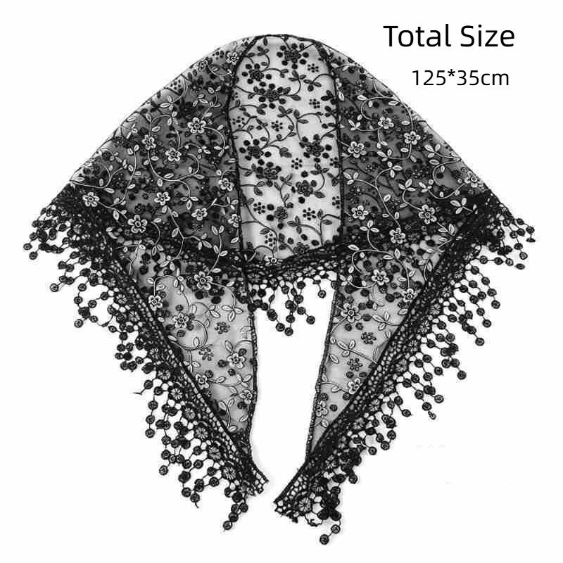 Luxury Embroidery Lace Tassel Headscarf Women Sheer Mesh Bandana Hijab Vintage Floral Head Wrap Boho Hair Scarf Daily Accessory