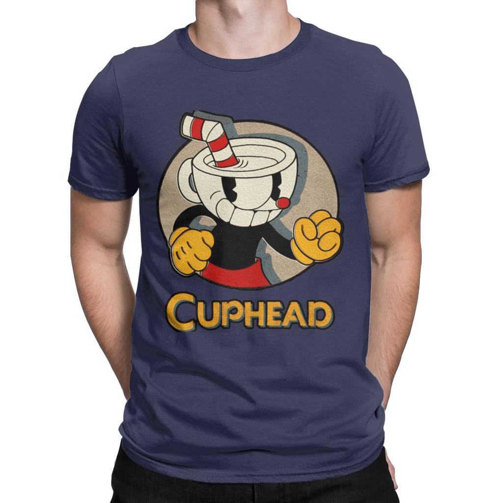 Creative Cuphead And Mugman Angry T-Shirt for Men Crew Neck Pure Cotton T Shirts Retro Games Short Sleeve Tee Shirt Clothing