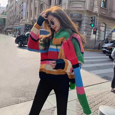 Y2k Módny sveter Vintage dúhovo pruhovaný pulóver Kórejská móda Pletený sveter Harajuku Pletené topy