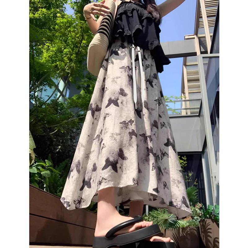 2026 Summer Maternity Fashion: A-line Chiffon Versatile Midi Skirt with Butterfly Design Skirt-Pants Combo M