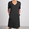 Women's Cotton Linen Shirt Dress Summer Short Sleeve V Neck Midi Dress Casual Shift Dress with Pockets