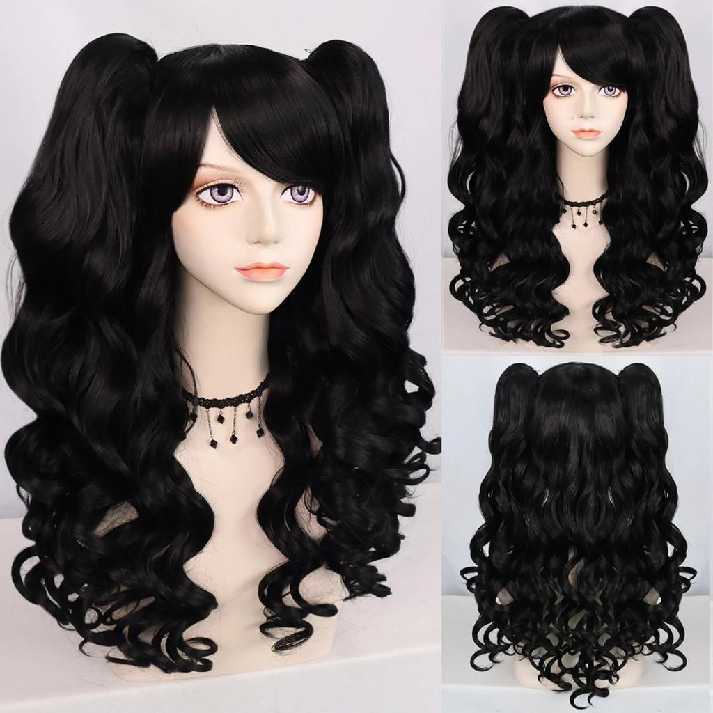 Parrucca Cosplay sintetica lunga colorata riccia per ragazze Lolita Cosplay con doppia coda di cavallo e 1 cuffia per parrucca