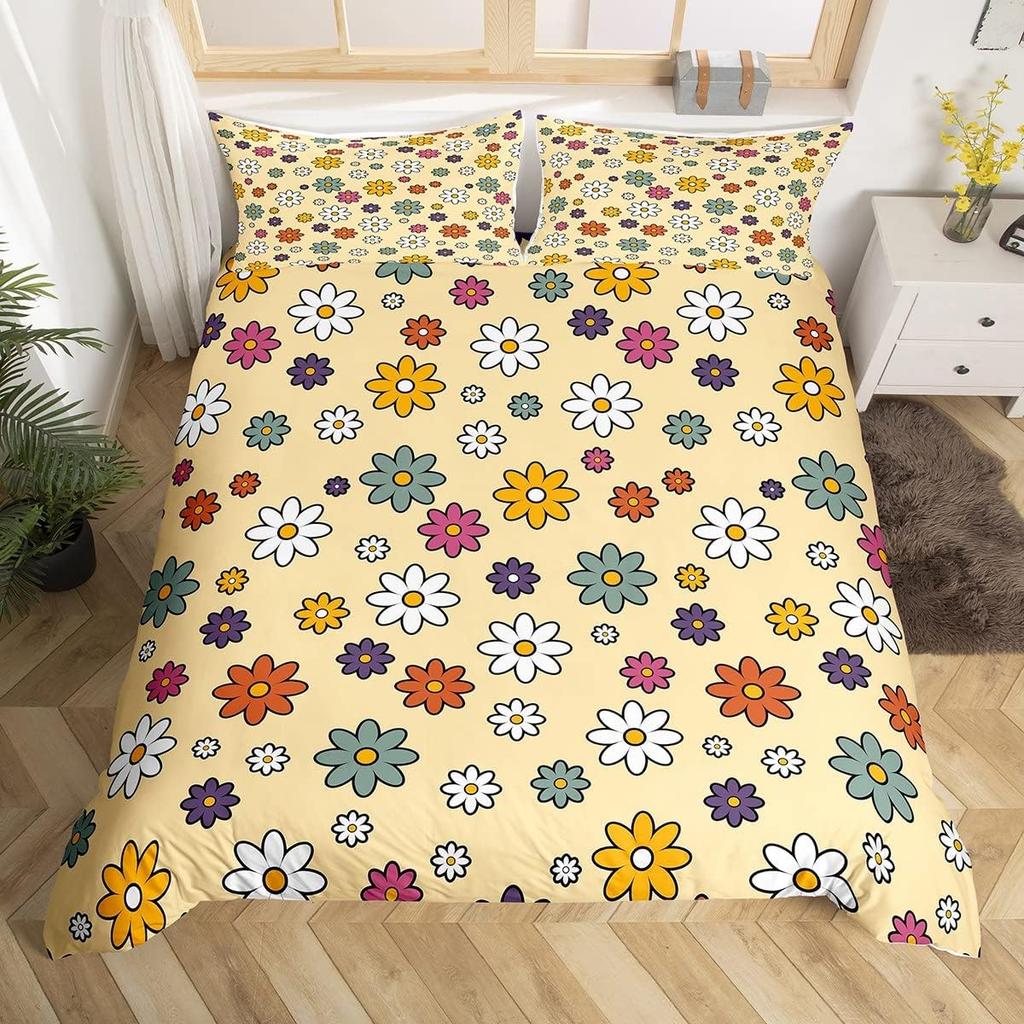 70er Jahre Retro Hippie Bettwäsche Set Groovy Blumen Bettbezug Full Queen für Erwachsene Teenager Boho Vintage Psychedelisch Floral Bettbezug