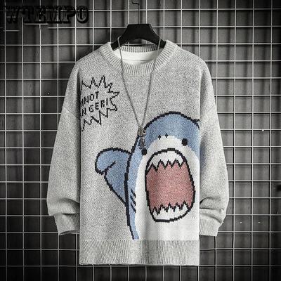 Suéter de Tiburón de Cuello Redondo para Hombre Invierno Patchwor Harajuku Estilo Coreano Cuello Redondo Oversize Gris Jerséis Para Hombre