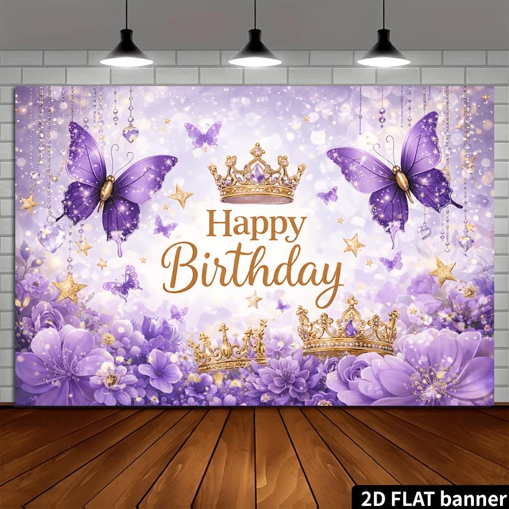 Purple Butterfly Crown Birthday Background: Purple glitter butterflies paired with a gold crown and purple flowers 130x150cm