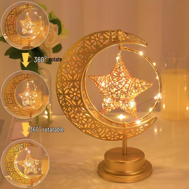 Drehbare LED-Schmiedeeisen-Mond- und Sternenlampe – Dekoratives Schreibtischornament im nahöstlichen Stil.