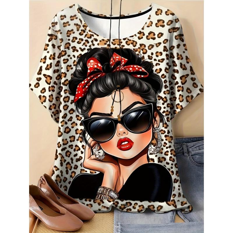 Ladies' 3D Leopard Print Retro Pattern T-shirt Casual Short Sleeved Round Neck Retro Shirt