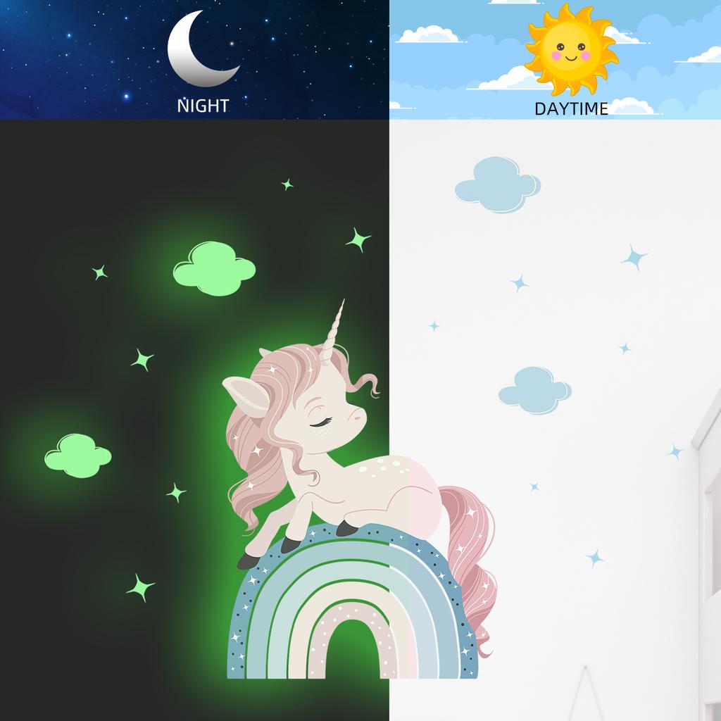 Cartoon Cute Rainbow Cloud Unicorn Glow Wall Stickers Decoration for Bedroom Girls Gift Home Decore Living Room Wall Decals