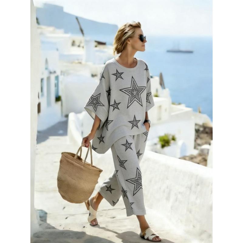 One wholesale, European and American style suit, summer loose round neck bat sleeve top, casual wide-leg pants two-piece set