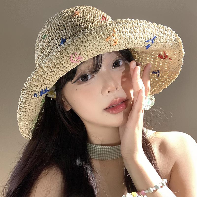 New Big-brimmed Colored Sunshade Straw Hat for Vacation Travel, Versatile Straw Weaving Sunscreen, Fashionable Seaside Beach Hat