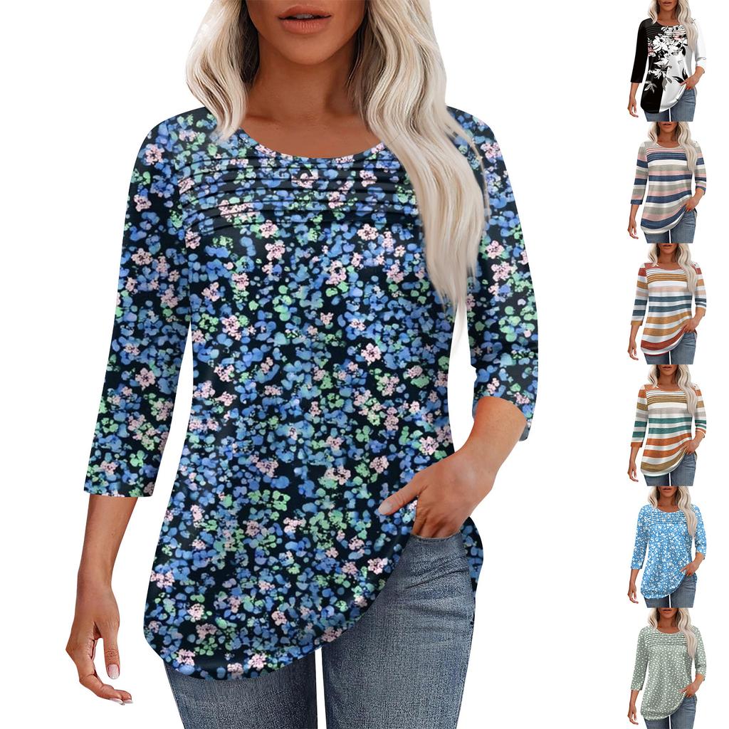 Top de damă la modă cu gât rotund, cu pliuri pe fenta din față și mâneci 3/4