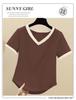 Women's Korean Style Color Block Cotton T-shirt – Loose Fit, Short Sleeve, Versatile Summer Top