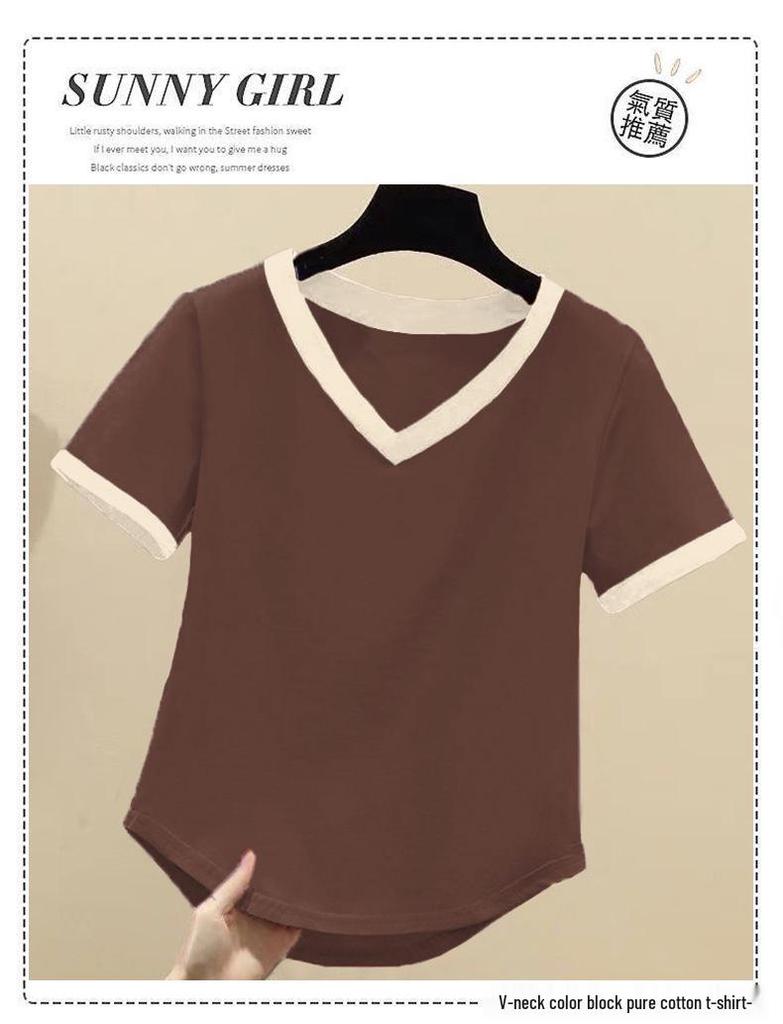 Women's Korean Style Color Block Cotton T-shirt – Loose Fit, Short Sleeve, Versatile Summer Top