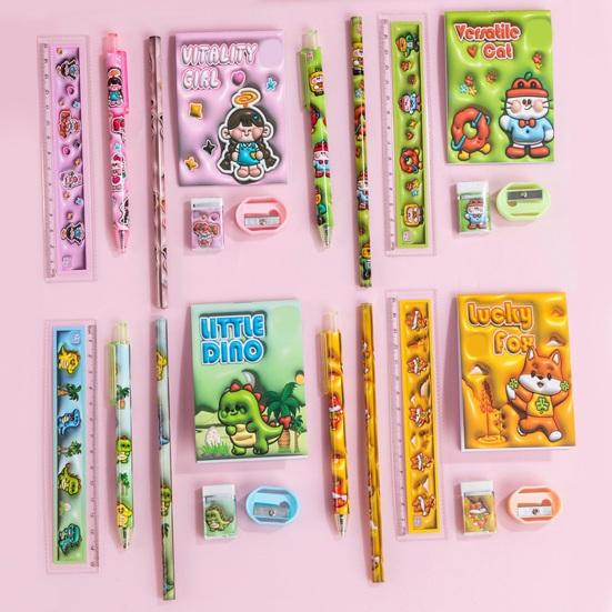 6Pcs School Supply Gift Set with Cartoon Box Elementary Student Stationery Kit for Back To School Kid Learning Essentials Birthday Holiday Present