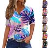 T-shirt da donna casual a maniche corte con scollo a V e stampa a foglie, con bottoni decorativi