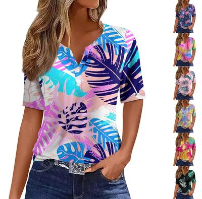 Women's Casual Leaf Print V-Neck Short Sleeve Decorative Button T-Shirt Top