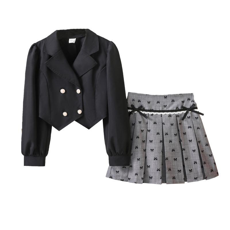 Girls' Casual Short Skirt Set, Autumn Children's Bow Pleated Skirt, Long-sleeved Suit Jacket Two-piece Set