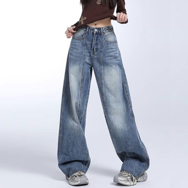 Comfortable High Street Trendy Vintage Washed Denim Trousers High-waisted Wide-legged Petite Casual Straight Trousers Jeans for Women Long Denim Pants