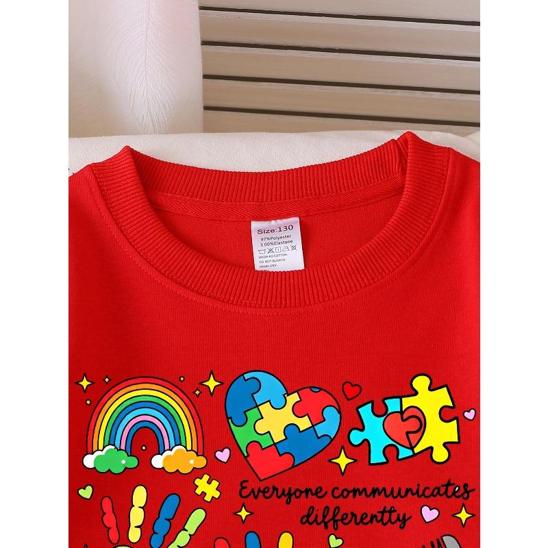 European sizes Girls' Soft Crewneck Sweatshirt Autism Awareness Neurodiversity Puzzle Heart Print, Casual All-Match, Ideal Holiday Present