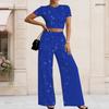 Women Plus Size Yellow Black Printed Round Neck Short Sleeve Crop Top Wide Leg Pants Two Piece Set