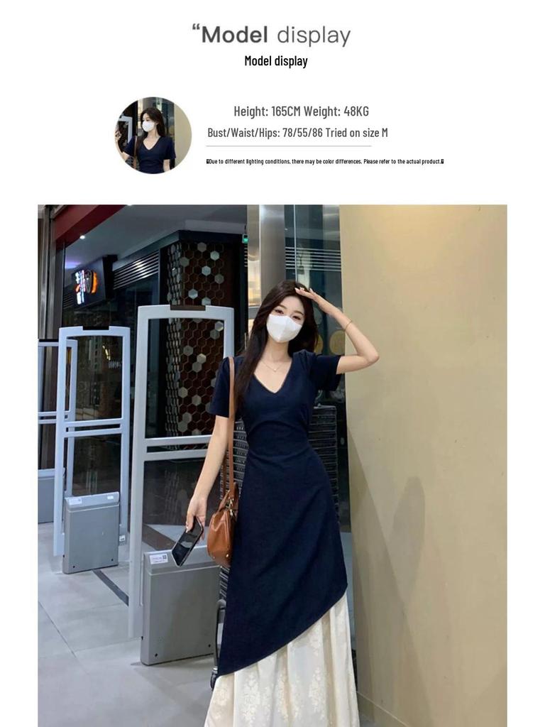 Elegant Plus Size Patchwork French Short-Sleeve Dress - Spring/Summer 2026