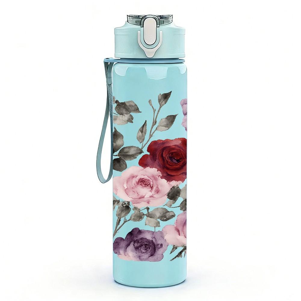 1PC Dusty Rose Mixed Flower Print 750ml Color Plastic Sports Water Bottle Leakproof Flip Straw Lid Suitable for Sports Office Home Use