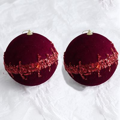 Wine Red Flocked Christmas Balls Pendant Shatterproof Reusable Xmas Tree Pendants Glitter Christmas Hanging Balls