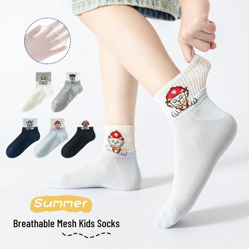 5-Pack Kids' Mesh Socks - Cartoon Cotton, Mid-Calf for Boys & Girls, Spring/Summer