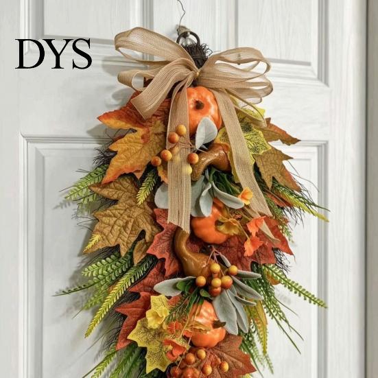 Artificial Holiday Floral Arrangement Artificia Fall Teardrop Swag, Autumn Harvest Sunflowers Pumpkins Leaves Berries Door Ready to Hang Swag Hanging